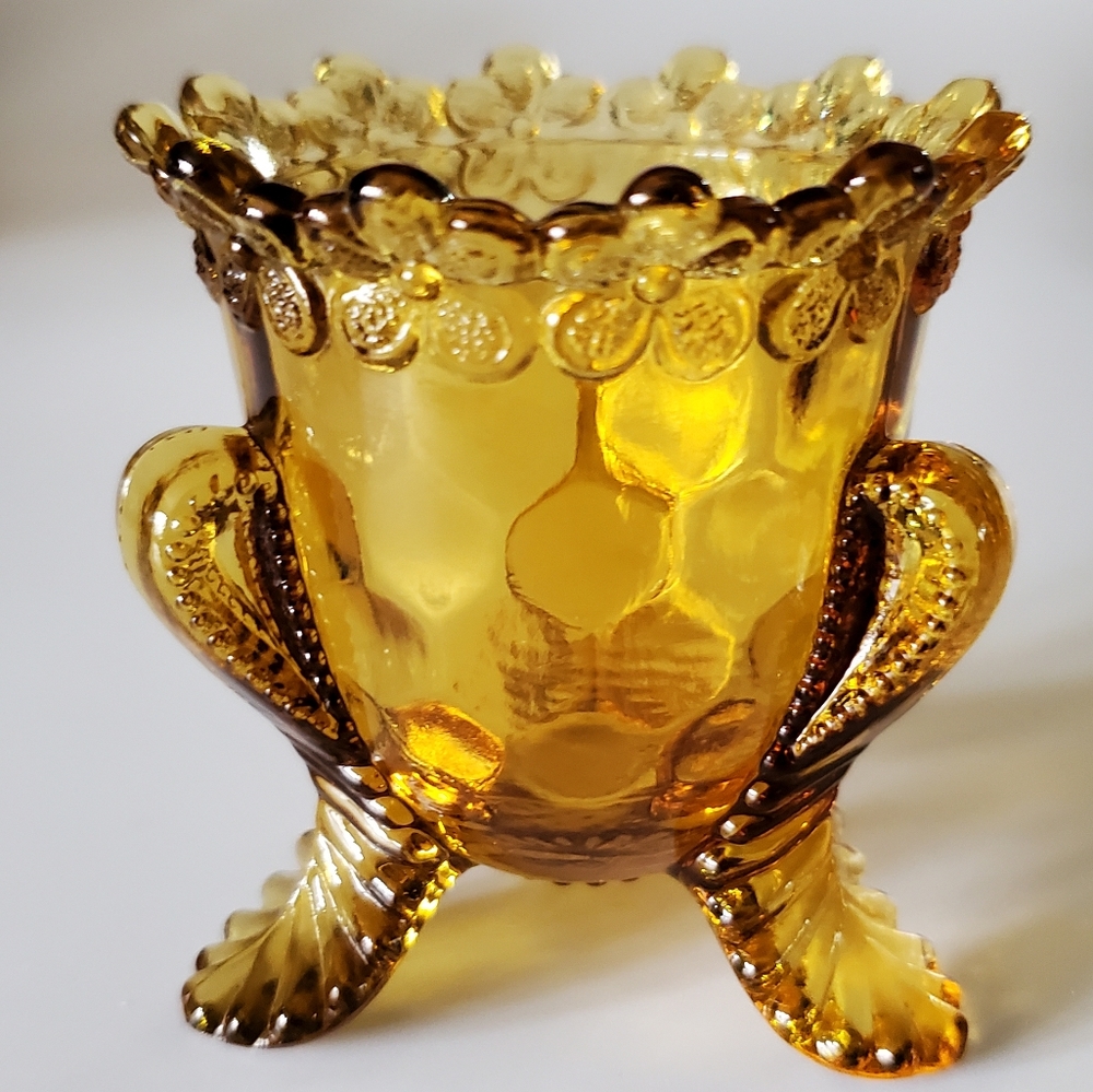 Vntg "Forget Me Not" 🤎 Amber Glass Toothpick Holder by Degenhart